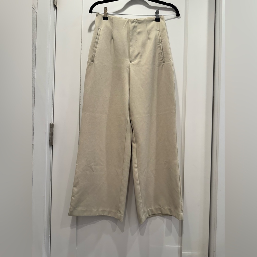 Zara Cream Cropped Wide-Leg Trousers | High Waisted Tailored Minimalist | XS